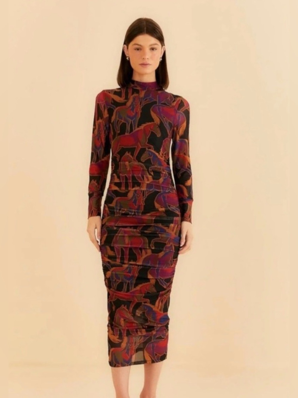 Sheer Horse-Print Long Sleeve Dress - Black with Burgundy & Brown